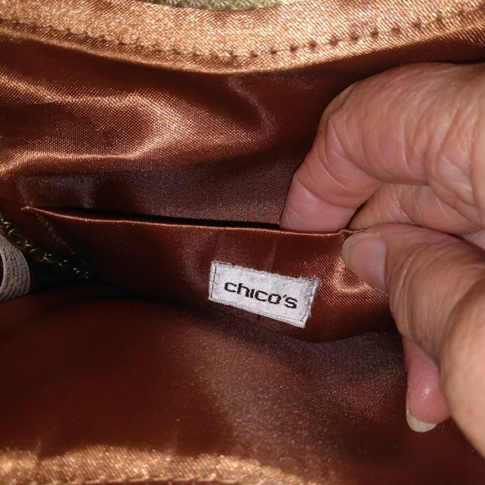 Chico's: Brown purse with ceramic stones & beads, chain strap and metal handle. - Picture 4 of 6